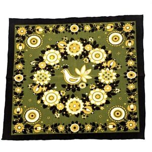 Vintage Mid Century Scandinavian Folk Art Floral Bird Linen Tea Towel
